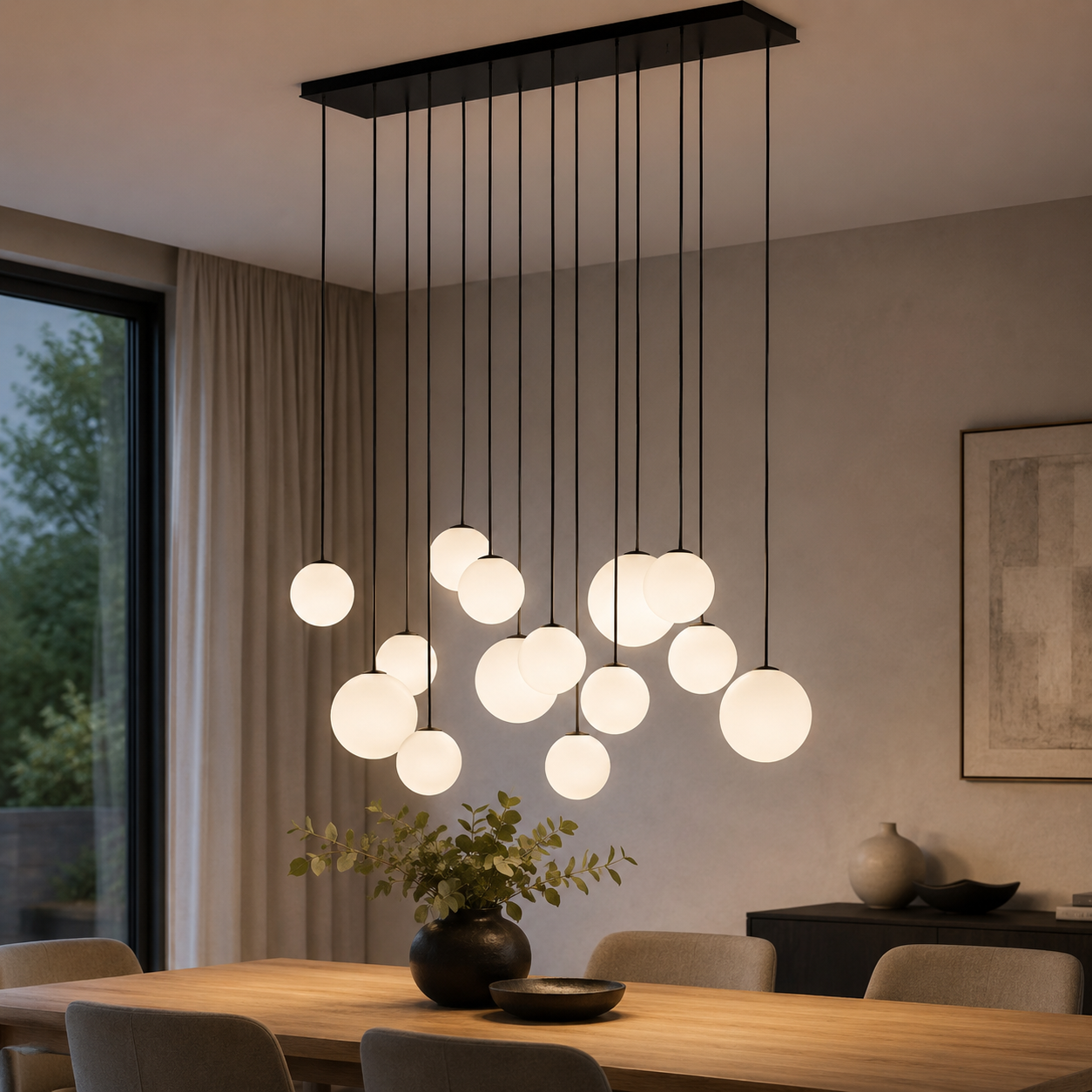 SNOWBALL XIV lineaire hanglamp 14 glazen bollen G9