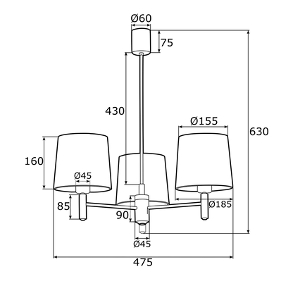 Ponte 3-lichts technische tekening met afmetingen