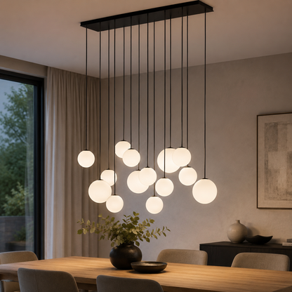 SNOWBALL XIV lineaire hanglamp 14 glazen bollen G9